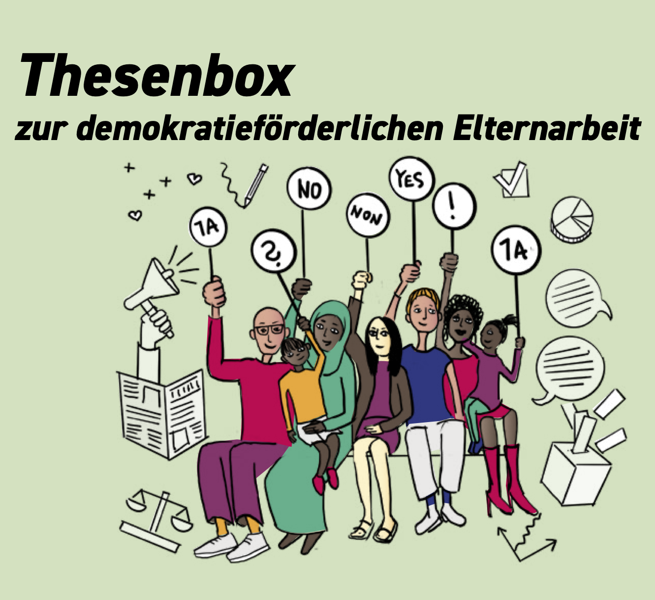 Cover der Thesenbox mit einer bunten Ansammlung von Menschen, mit Schildern, Zeitungen, Megaphone und Wahlboxen.